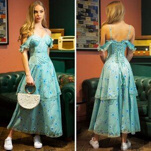 Corset Story Dress 20" Mesh Panel Sleeved Corset Dress Blue Off Shoulder $379